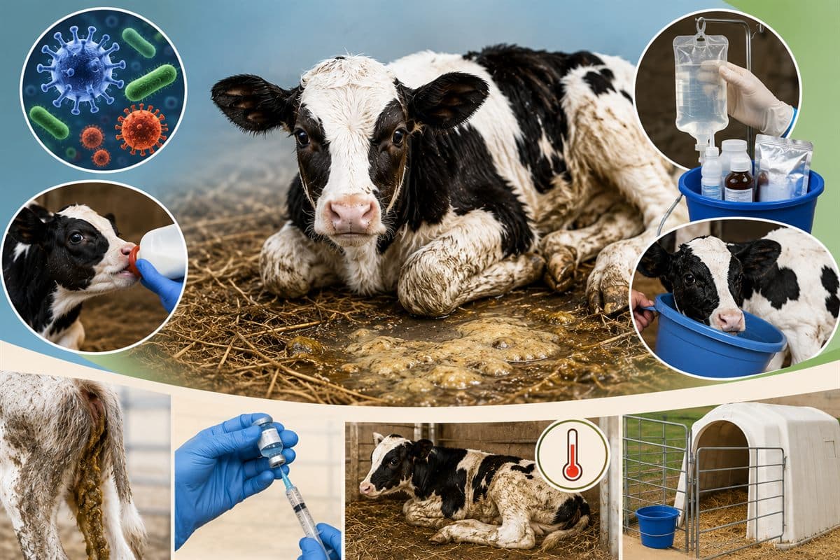 Veterinarian examining a young dairy calf for scouring
