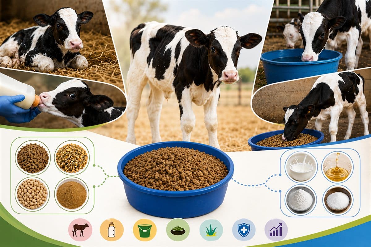 Calf eating from a feed bucket at an Indian dairy