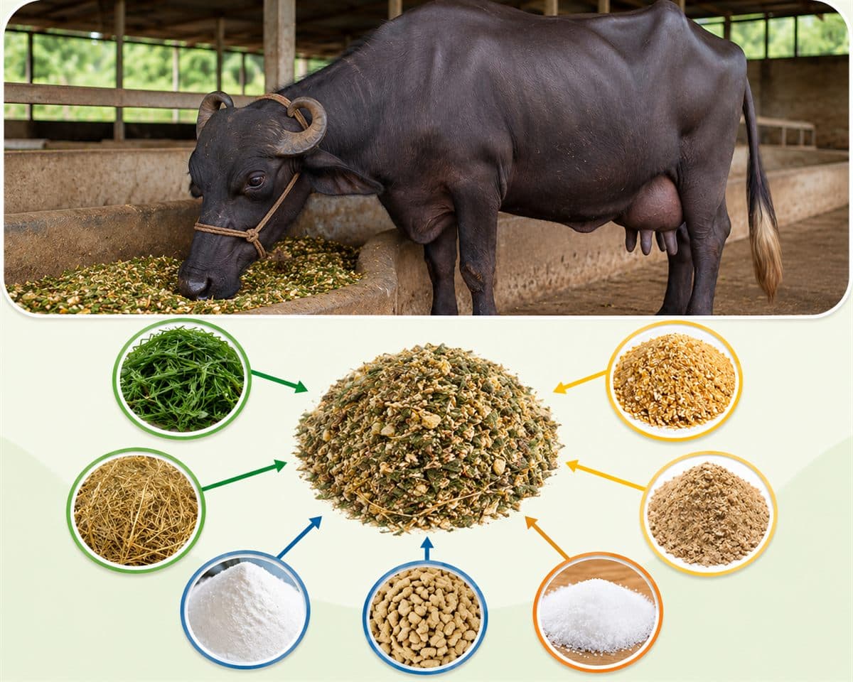 Lactating Murrah buffalo eating green fodder at an Indian dairy