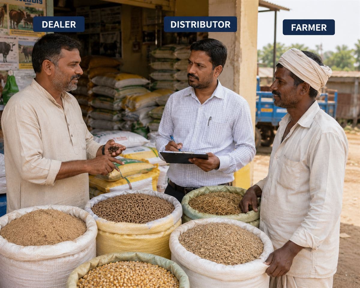 Stacked bags of cattle feed at an Indian feed dealership