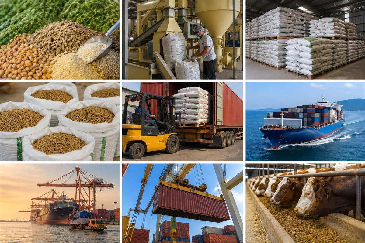 Stages of cattle feed export from India — raw materials, feed mill packaging in PP and jumbo bags, forklift loading shipping containers, ocean cargo vessel, port handling, and dairy cattle at the feeding trough