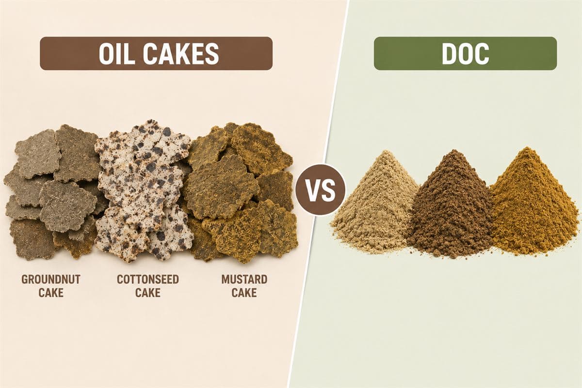 Side-by-side comparison of oilseed cake and de-oiled cake (DOC) samples used in Indian cattle feed