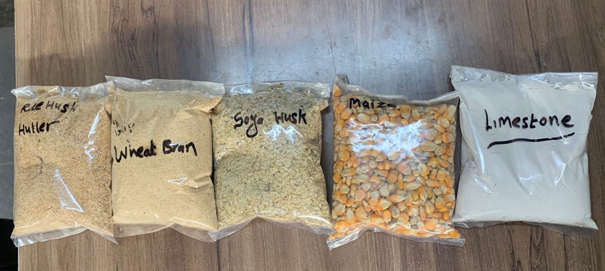 Five common raw materials used in Indian compound cattle feed manufacturing — rice husk huller, wheat bran, soya husk, whole maize, and limestone — in labelled sample bags